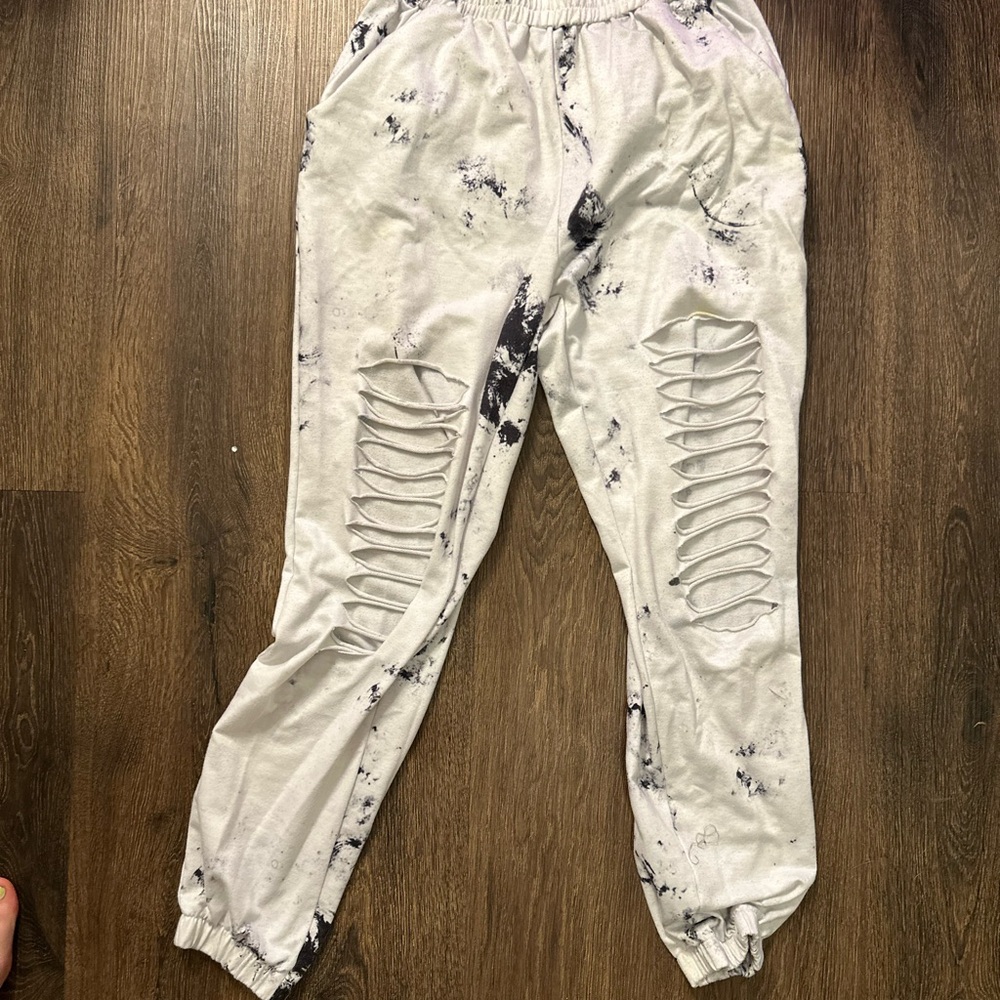 White Distressed Joggers with Black Splatter